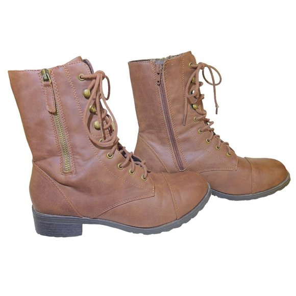 UNR8ED Women's Brown Leather Lace Up Double Zip Boots Cloth Lined -Size‎ 9M - Picture 3 of 11